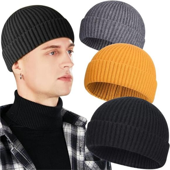 3 Pack Wool Fisherman Beanies for Men, Short Knit Watch Cap Cuffed Trawler Hats - Picture 1 of 7